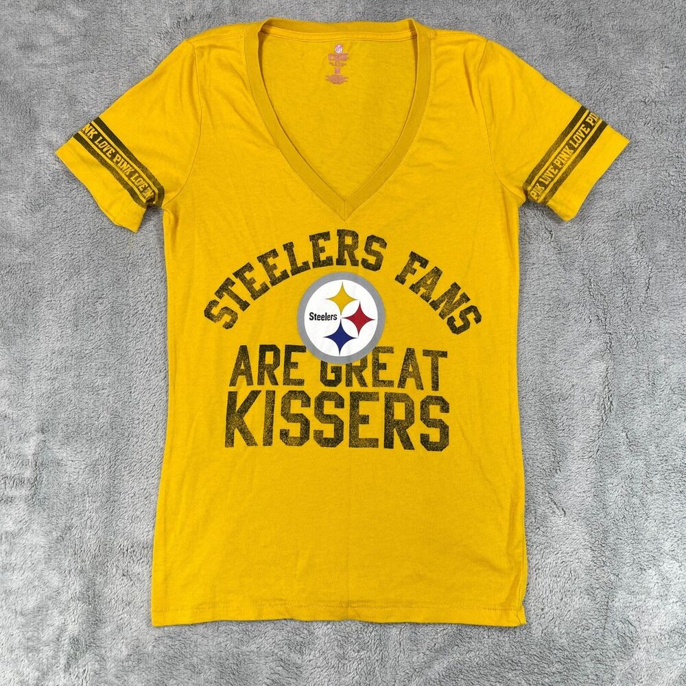 Victoria's Secret Pink T-Shirt Womens Medium Yellow Pittsburgh Steelers V Neck